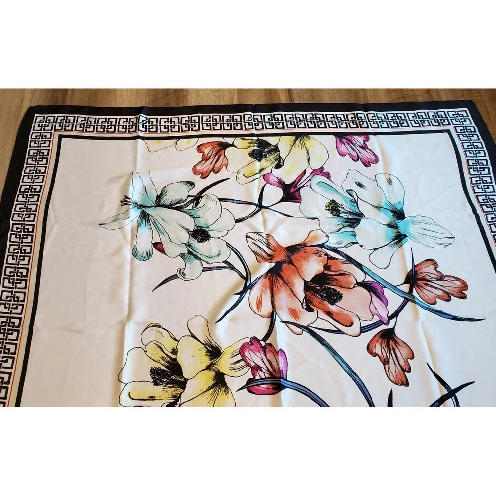 Chicos‎ Large Square Scarf Satin Floral with Black Geometric Border NEW with Tag